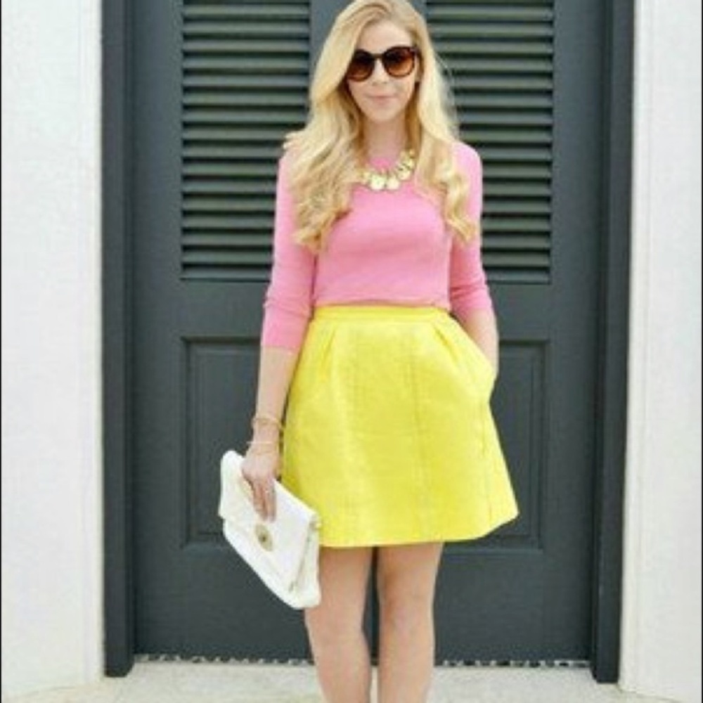 J Crew Yellow Mini Skirt A- Line Pleated Waist Embroidered Lace Detail Cotton 2